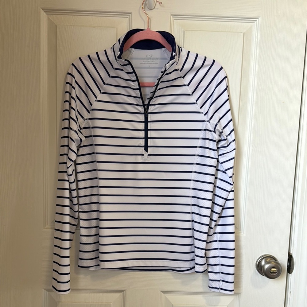 Vineyard Vines Navy and White Striped Quarter-Zip Pullover - Picture 2 of 7